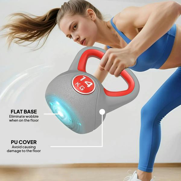 Grey 14 kg kettlebell with red handle, showing flat base and round 14 KG label.