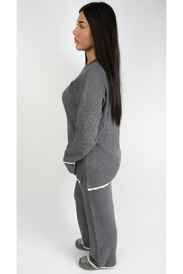Lara Ribbed Contrast Trim Top And Wide Leg Trouser Co-ord Set - Grey