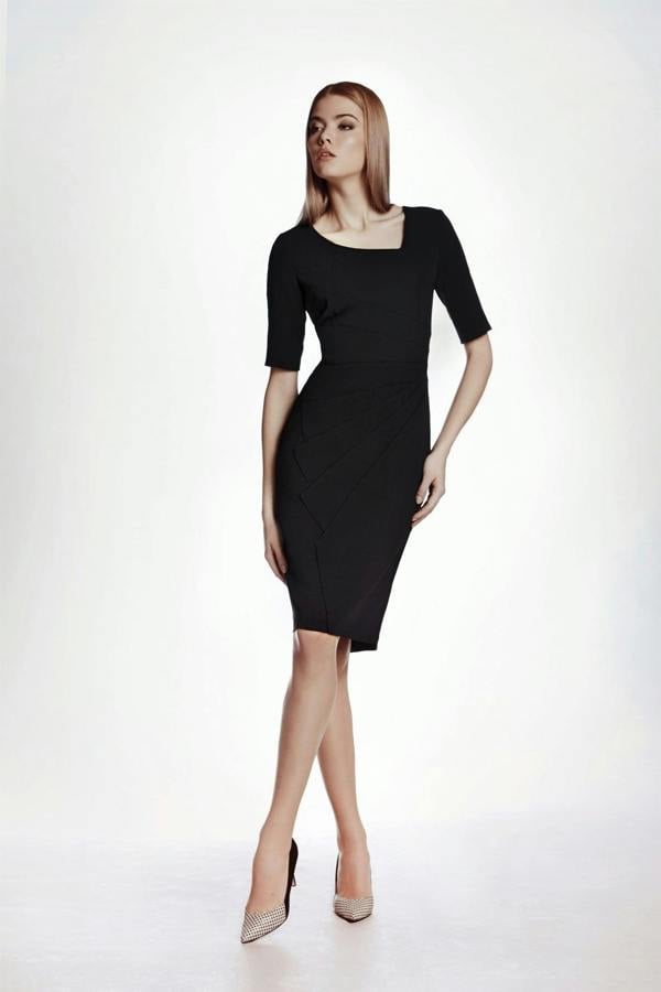 Rumour London Amelie fitted knee length dress with asymmetrical neckline in black