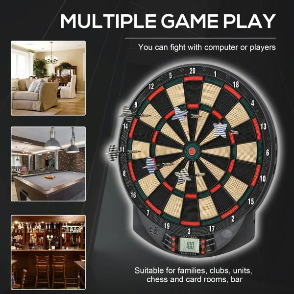 Electronic dartboard set with black board, red/green accents, and LED scoring display