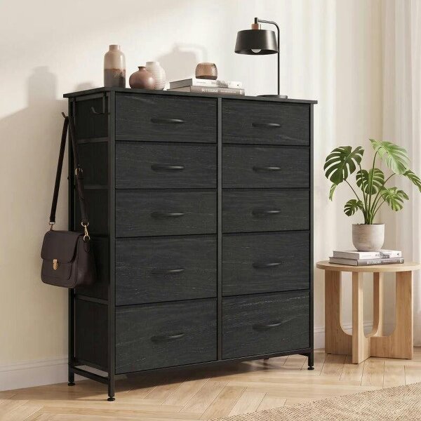 Chest of Drawers, Dresser with 10 Fabric Drawers, Tall Storage Unit with 4 Pockets and 2 Hooks Steel Frame, Black