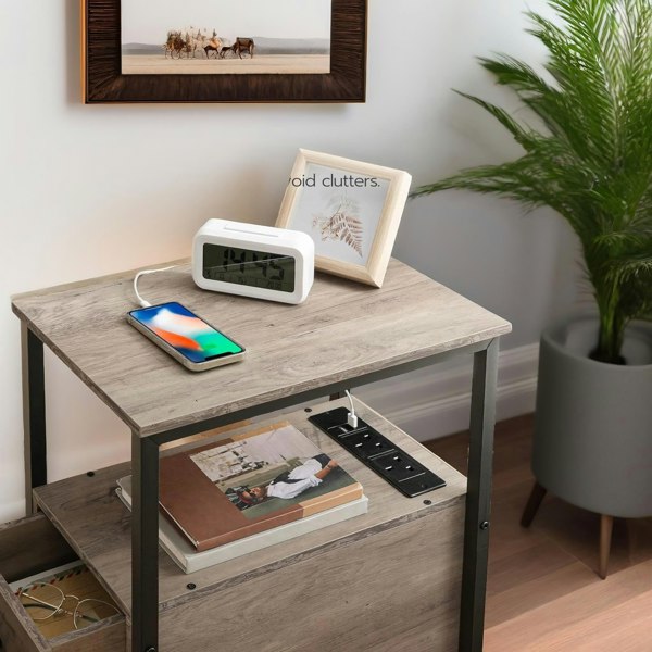 Rafaelo Mobilia Bedside Table with Power Outlet & USB Ports Greige