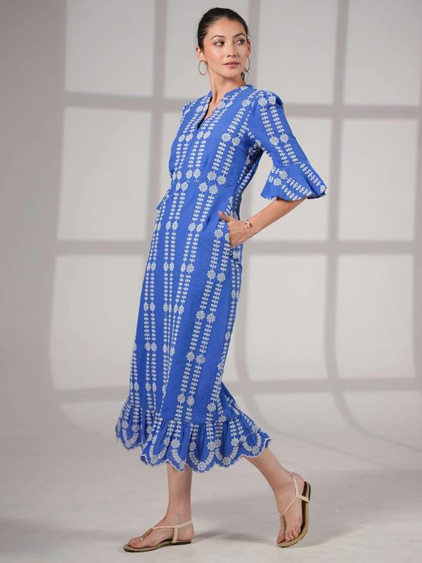 Rose & Nancy Cat Blue Cotton Broderie Midi Dress