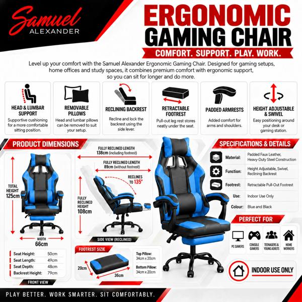 Samuel Alexander Ergonomic Gaming Chair with Footrest and Removable Pillows in Blue