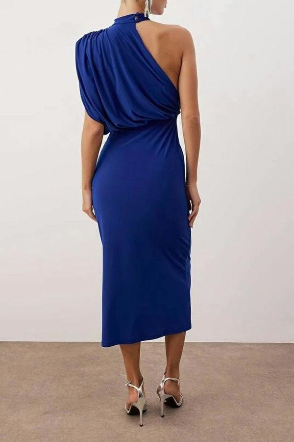 WOVCOR Knitted Maxi Unlined Dress with Asymmetrical Sleeve Detail