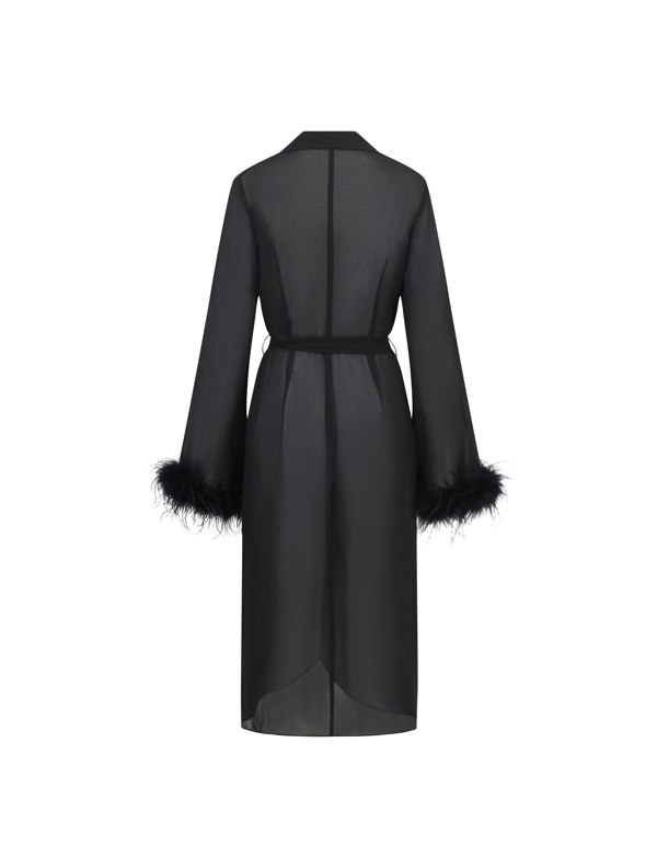 BALOU Ostrich Feather Trimmed Wrap Midi Dress - Black