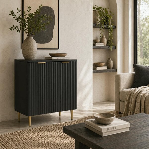 Wyld Haus Sutto Black Etched Sideboard 2 Ribbed Doors Gold Accents