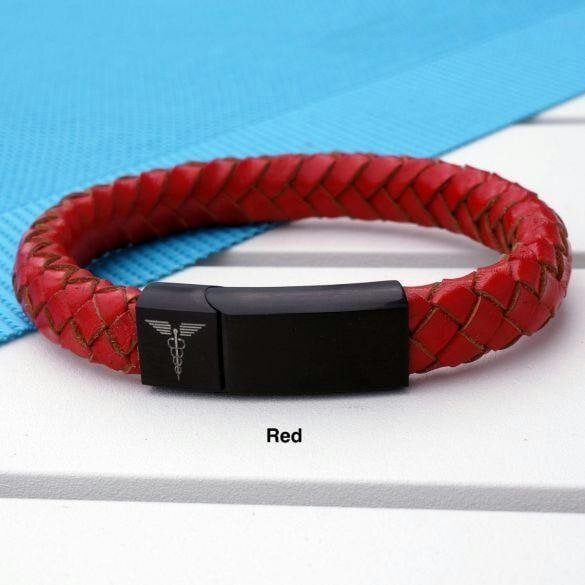 Christopher James of London Unisex Leather and Stainless Steel Medic Bracelet with Free Engraving - Red