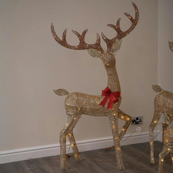 Samuel Alexander Set of 3 Gold Glitter Light Up Reindeer Family with 210 Warm White LEDs & Timer