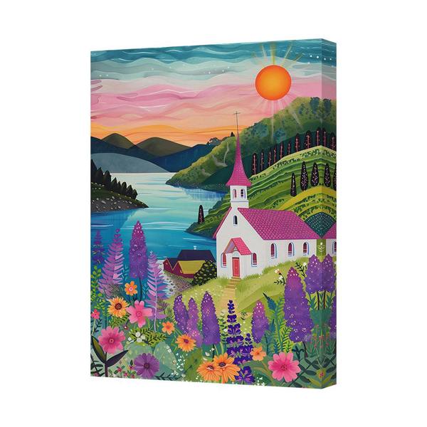 Benjamin Tate Design Vibrant Landscape Canvas Print With Colorful Church And Hills
