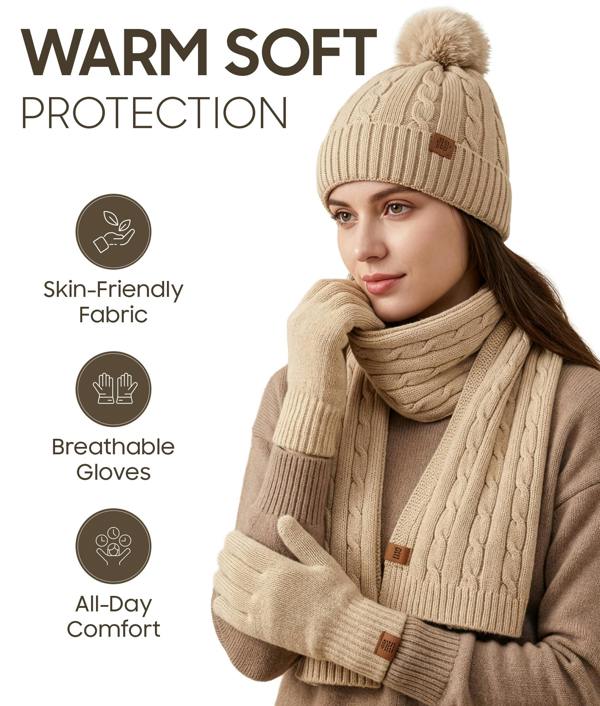 VIA MONTEN Women Scarf, Hat and Golves Set of 3 - Grey