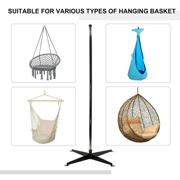 Black steel hammock stand shown upright with hanging chair and basket options