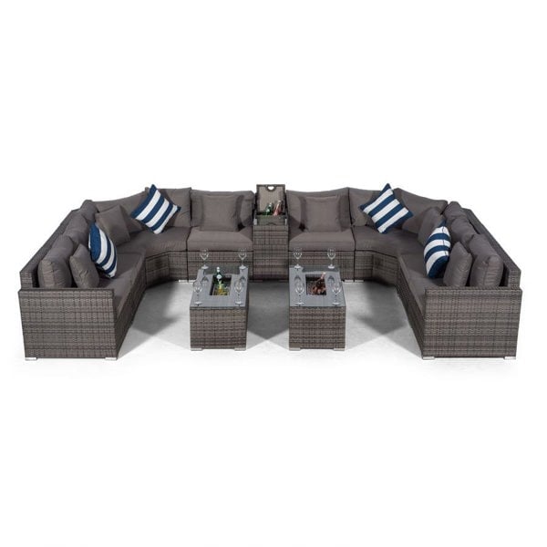 Giardino Santorini U Shape Modular 8 Seat Rattan Sofa Set With Armrest Drinks Cooler & 2 Drinks Cooler Coffee Tables