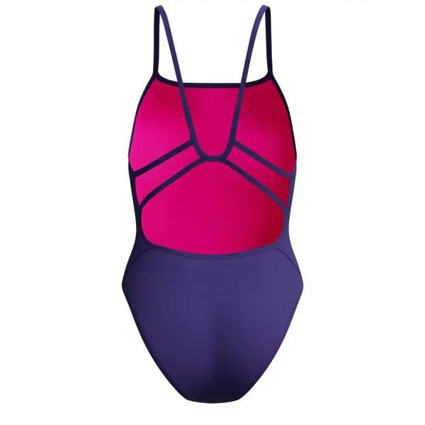 Vibrant dark purple Speedo club training solid web back swimsuit with pink navy geometric straps