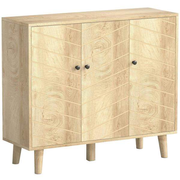 Natural wood vintage sideboard with chevron doors, round knobs, and pine legs