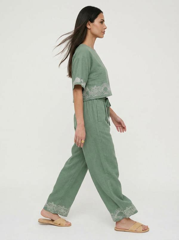 Raffya Milly Wide Leg Embroidered Trouser In Green
