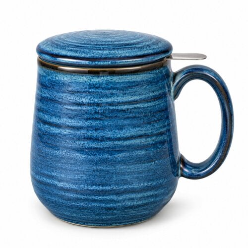 Skandi Home Aska Large Navy Reactive Glaze Ceramic Infuser Mug with Lid and removable Stainless Steel Infuser