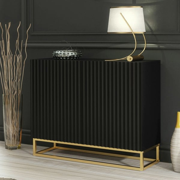 Mex Furniture Graceful Black Sideboard with Fluted Fronts & Gold Legs – 100cm Storage Unit