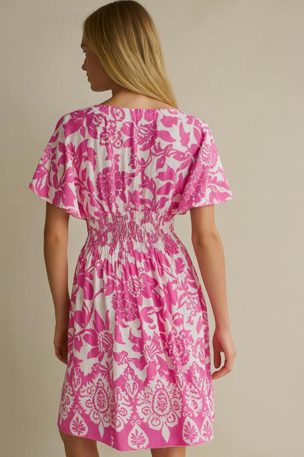 Hoxton Gal Oversized Floral V-Neck Boho Style Smocked Mini Dress