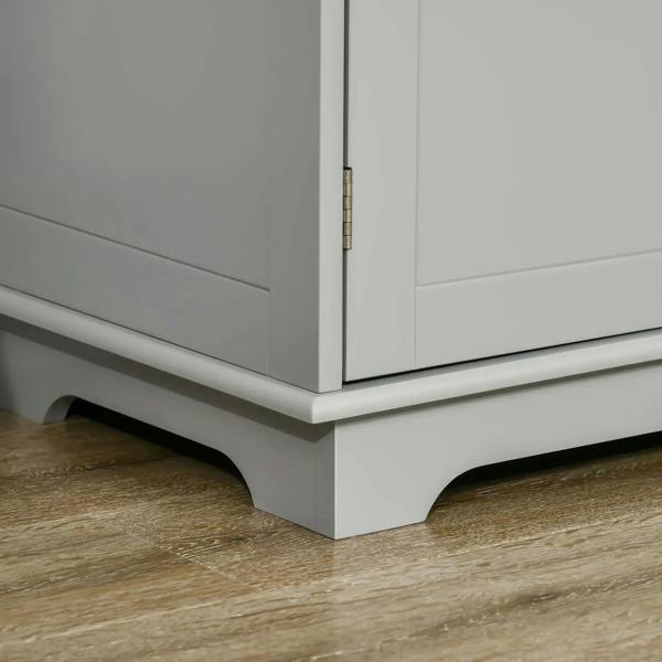 Grey sideboard cabinet corner with curved base and rubberwood top edge, close-up