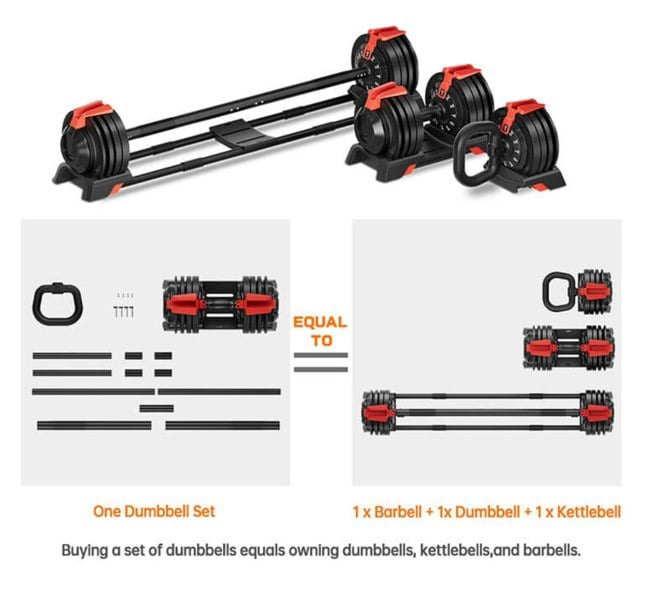 Flex Fitness Quick-Select 3-in-1 Adjustable Dumbbell-Barbell-Kettlebell Set (2-24kg, Pair)