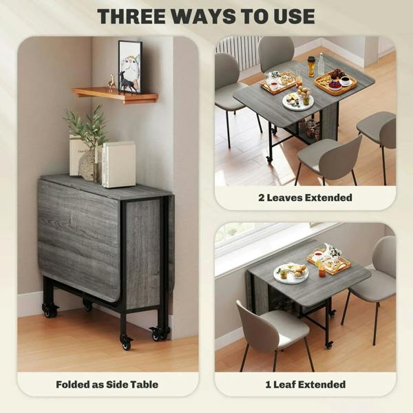 Grey drop-leaf dining table shown folded and in 1-leaf or 2-leaves extended sizes