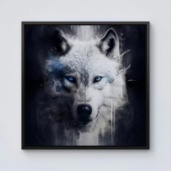 Warren Reed White Wolf Face Splash Art Dark Backgrouns Framed Canvas