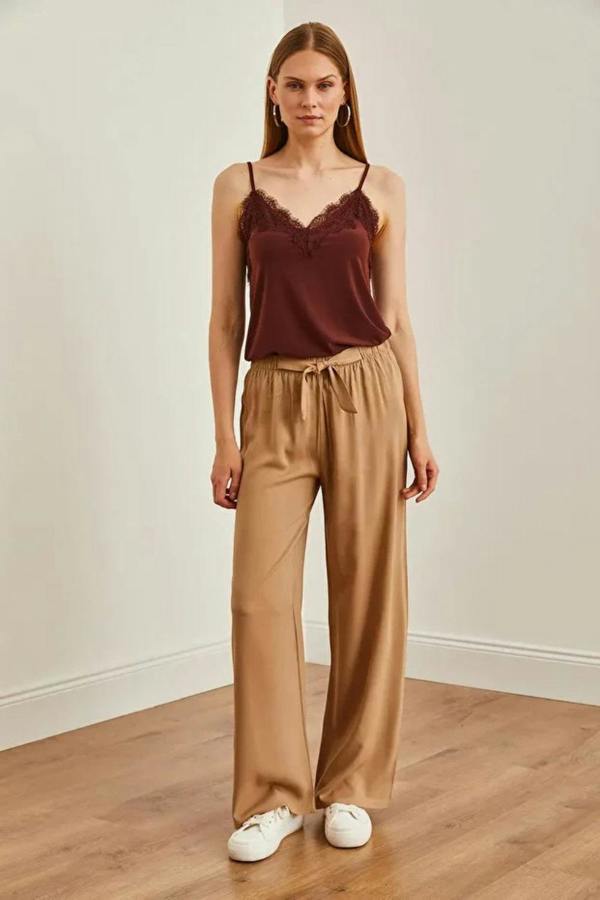 Hoxton Gal Basic Belted Woven Viscose Palazzo Pants
