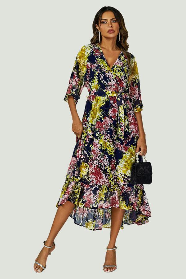 FS Collection Floral Print Wrap Top Kimono Sleeve Maxi Dress In Navy