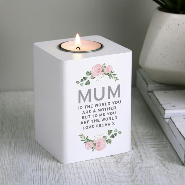 Personalised Memento Company Personalised Abstract Rose White Wooden Tea light Holder