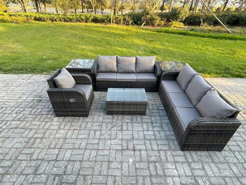 Fimous 7-Seater Rattan Garden Sofa Set - Dark Grey Mixed Outdoor Patio Table & Chairs Set with 3-Seater Sofa & Reclining Chair