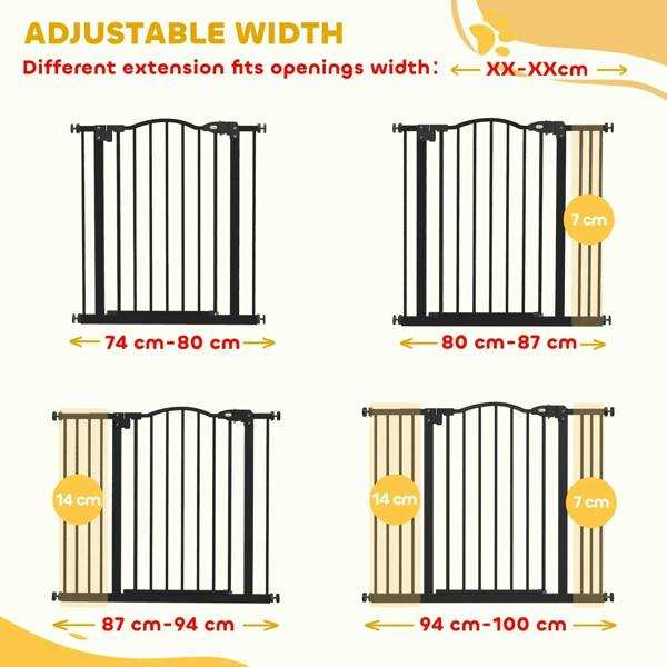 Adjustable-width black pet gate safety barrier with different extension-fit ranges