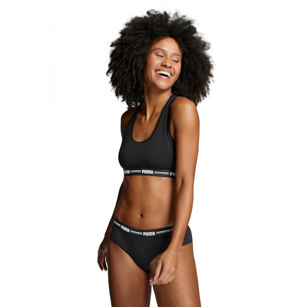 Puma 2-Pack Striped Logo Mid-Rise Brazilian Briefs, Black