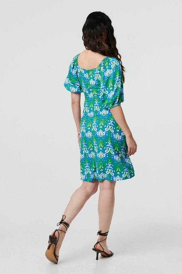Green | Printed Tie Bardot Neck Short Dress
