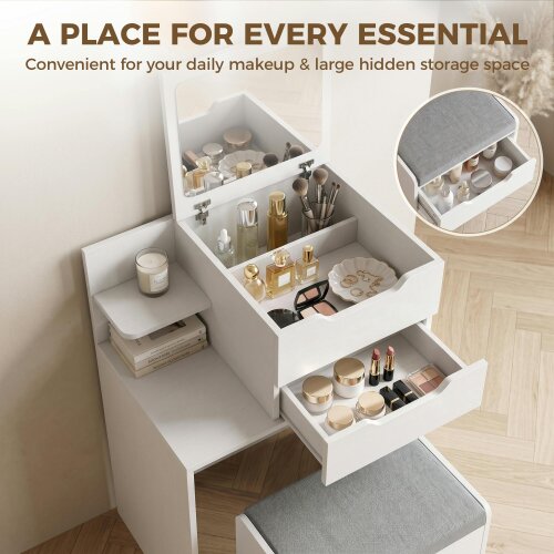 HOMCOM Vanity Desk Hidden Mirror Rolling Stool, White Wood Effect