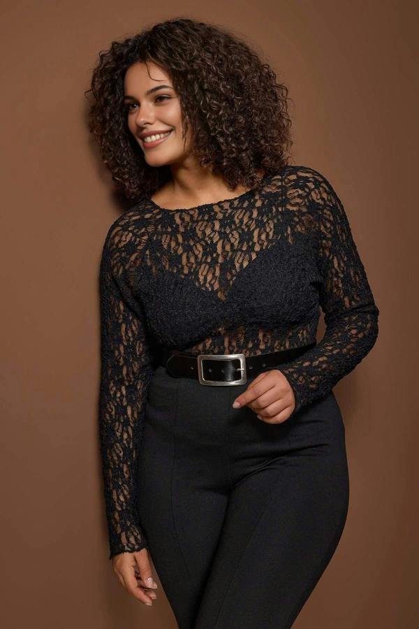 WOVCOR Black Lace Knit Plus Size Blouse