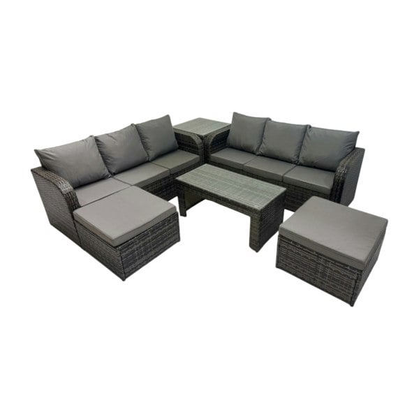 Fimous Rattan Garden Outdoor Furniture Set 3 Seater Sofa Coffee Table with 2 Big Footstools Side Table Dark Grey Mixed