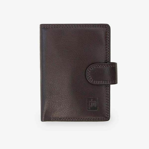 Brown leather wallet with a visible brand logo on a white background