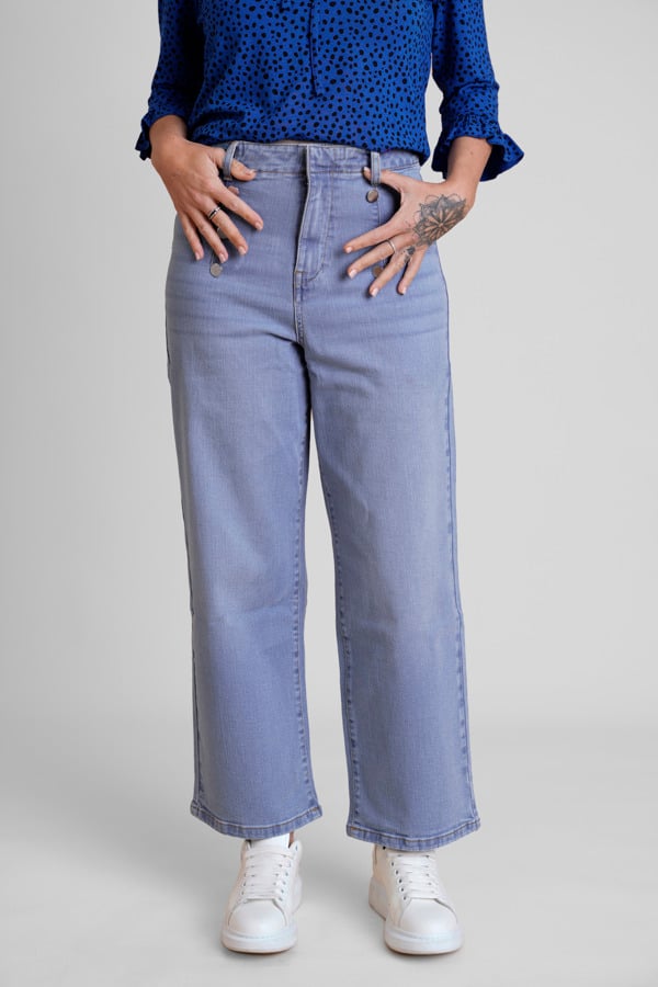 ENORSIA Sky Decorative Button Cropped Wide Leg Jeans