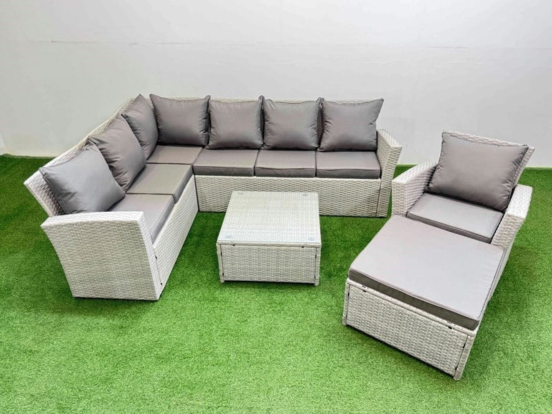 Fimous Outdoor Rattan Garden Furniture Set 8 Seater Corner Sofa Sets with Square Coffee Table Chair Big Footstool Light Grey Mixed