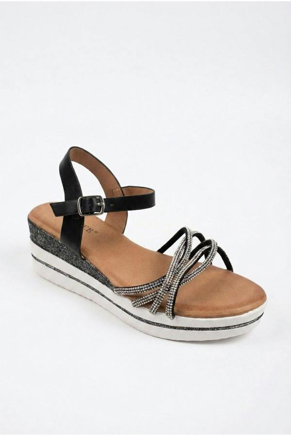 Vita Rhinestone Embellished Platform Wedge Sandals - Black