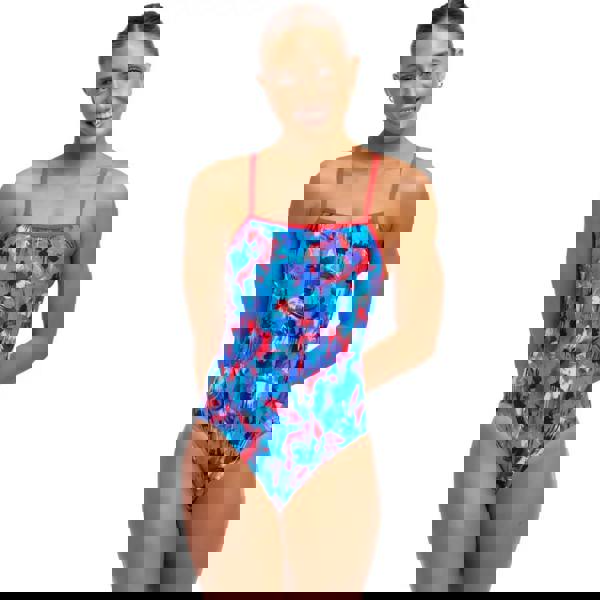 Funkita Messy Messy Messy single strap swimsuit in blue with red floral print