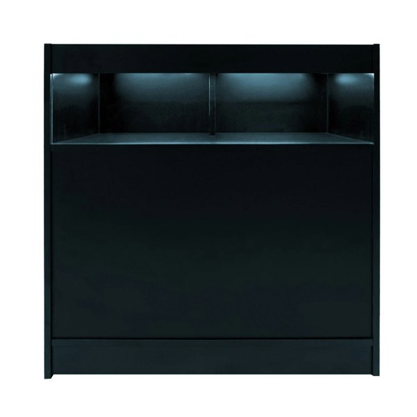 Sleek black LED retail shop counter B900 featuring a smooth surface, illuminated display shelves, and modern design for stylish merchandising