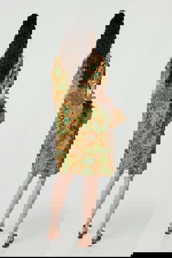 Green | Leaf Print Short Sleeve Shift Short Dress
