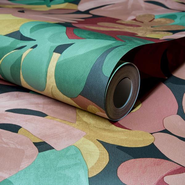 Grandeco Boutique Retro Leaf PVC-free Eco Wallpaper, Red Pink Multi