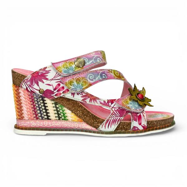 Laura Vita Balade 32 - Women's Rose Pink Floral Leather Wedge Sandals