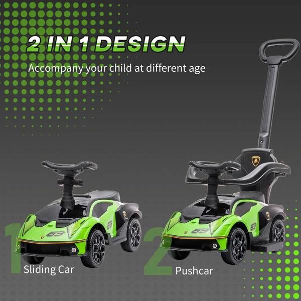 Green kids Lamborghini 2-in-1 ride-on in pushcart and sliding car style