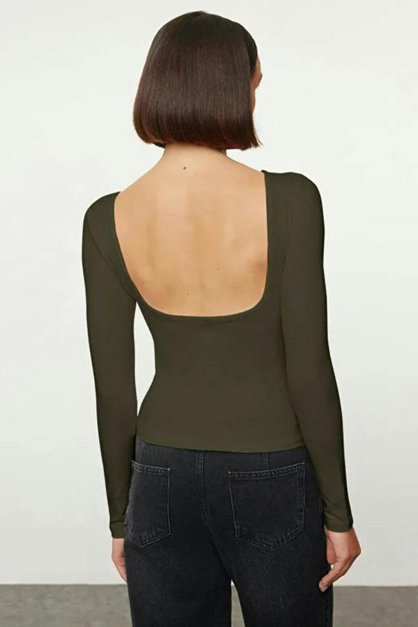 Hoxton Gal Cotton Stretch Fitted Knit Blouse with Open Back Detail