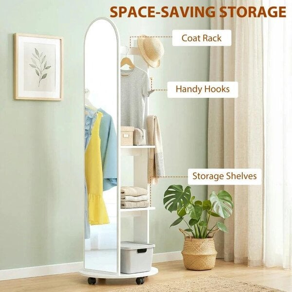 2-in-1 Full Length Mirror with Storage Shelves, Floor Mirror with 4 Wheels, Coat Rack, Hooks, White
