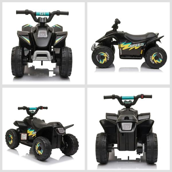 Black kids ride-on car shown from multiple angles with SPEED decals and seat